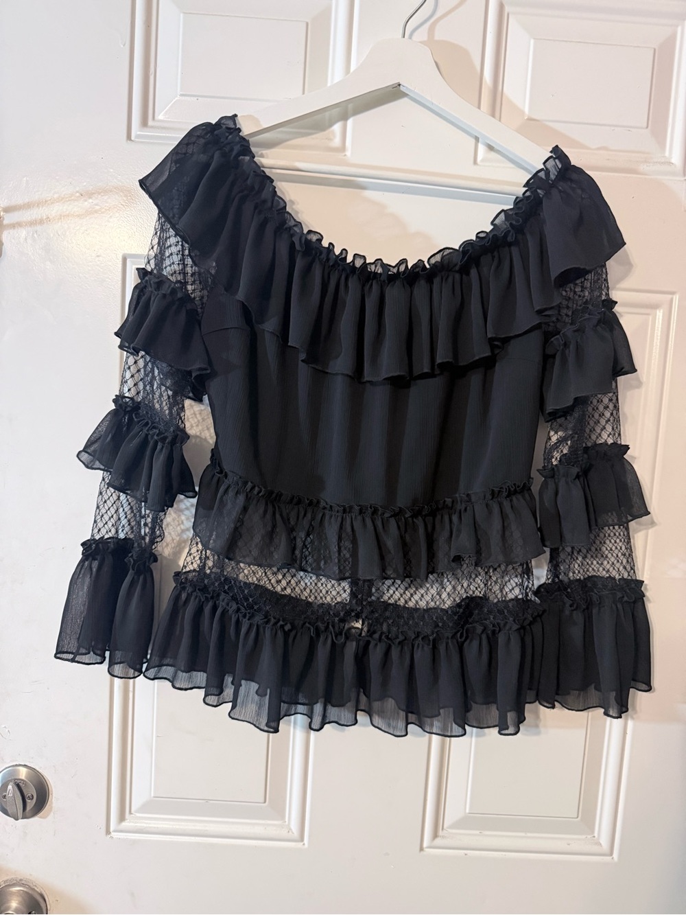 Lulumari Black Ruffle Off-Shoulder Mesh Sleeve Blouse - Picture 4 of 8